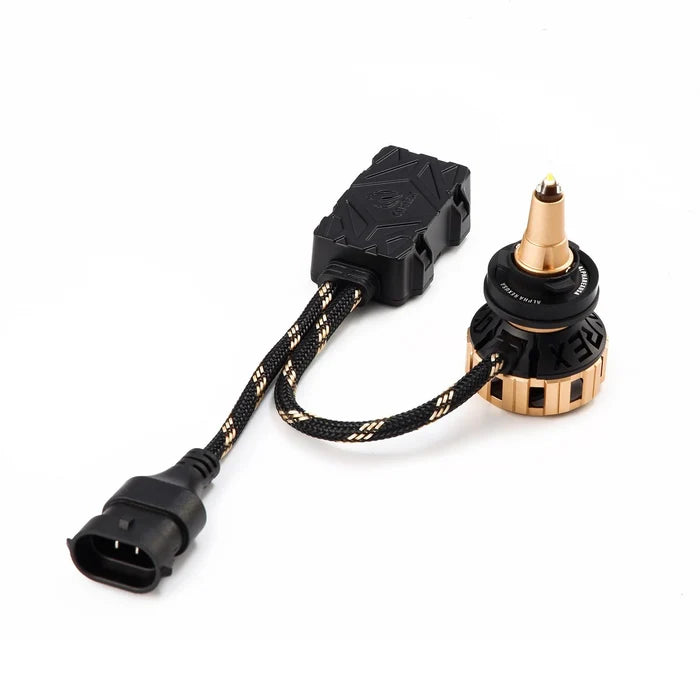 AlphaRex Gold Ammo Panoramic H11 LED bulbs 110012 with gold anodized housings and 360-degree light output