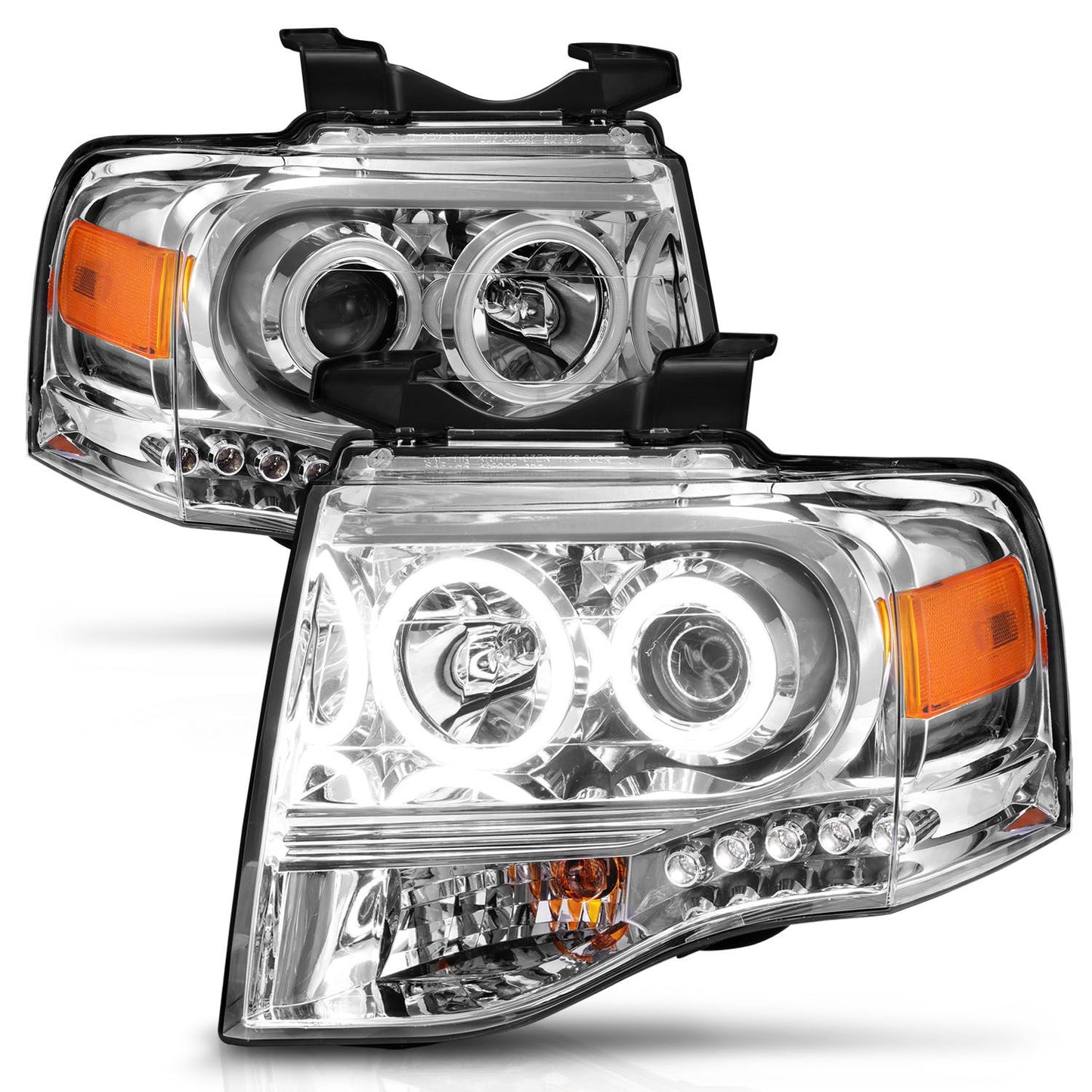 ANZO 111114 Chrome Projector Halo Headlights with Clear Lens and RX Halo for Ford Expedition 2007-2014 Models