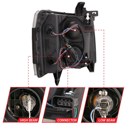 Anzo 111410 Projector Plank Switchback Headlights for Chevy Silverado (07-14) with black housing, clear lens, and LED bar for a modern look.