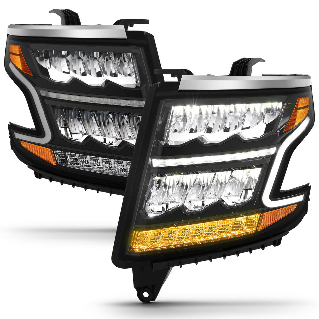 ANZO 111478 LED Crystal Plank Style Headlights with Black Housing and Clear Lens for Chevy Tahoe and Suburban 2015-2020, featuring sequential signals.