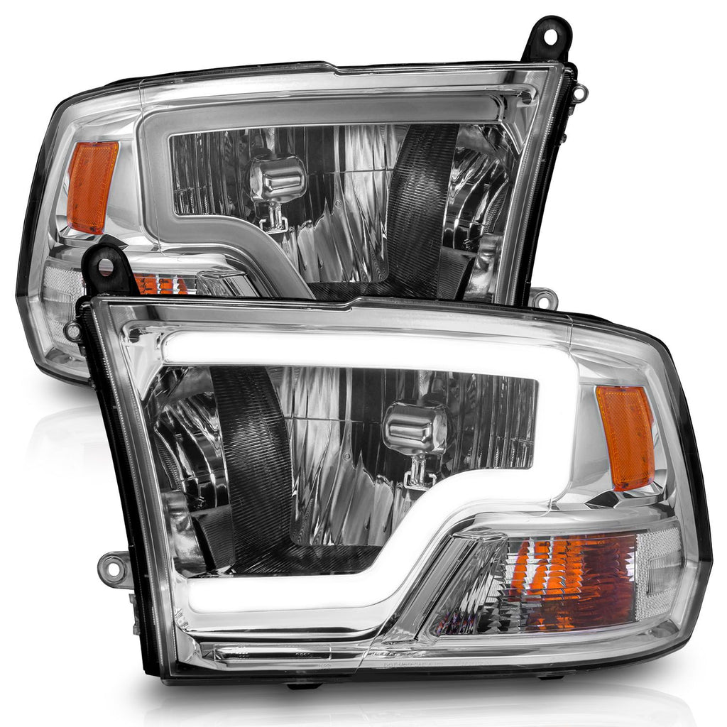 ANZO 111516 Crystal C-Bar Headlights with Chrome Housing and Clear Lens for Dodge Ram 1500, 2500, and 3500 (2009-2018).