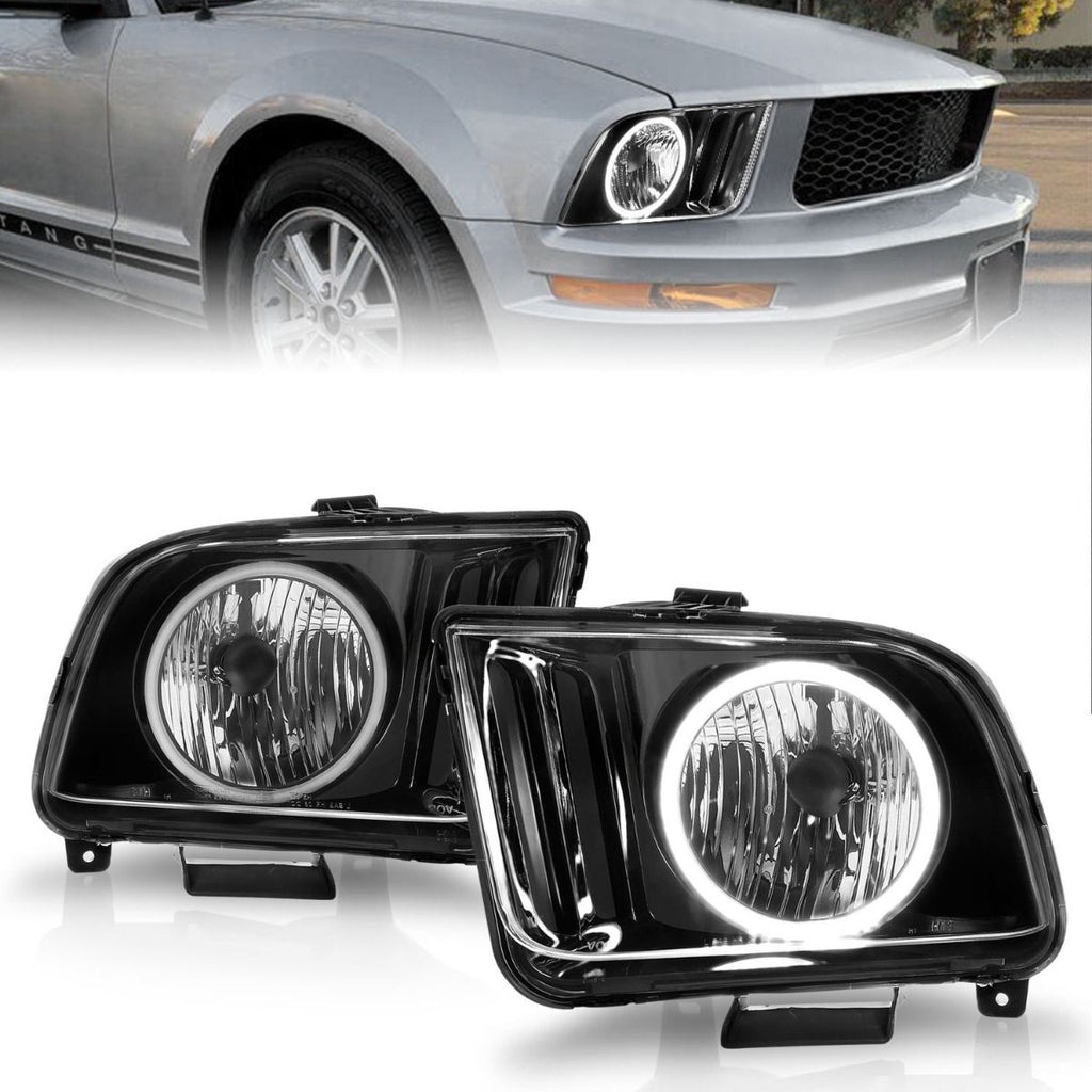 ANZO 121033 Crystal Black Headlights with Clear Lens and RX Halo for Ford Mustang 2005-2009 Models