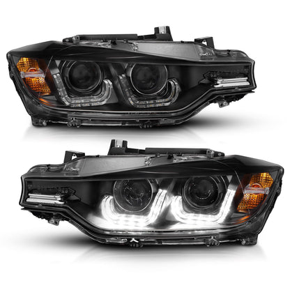 Anzo 121504 Projector U-Bar Headlights for BMW 3 Series F30 (12-15) with black housing, clear lens, and LED accents for a sleek and modern design.