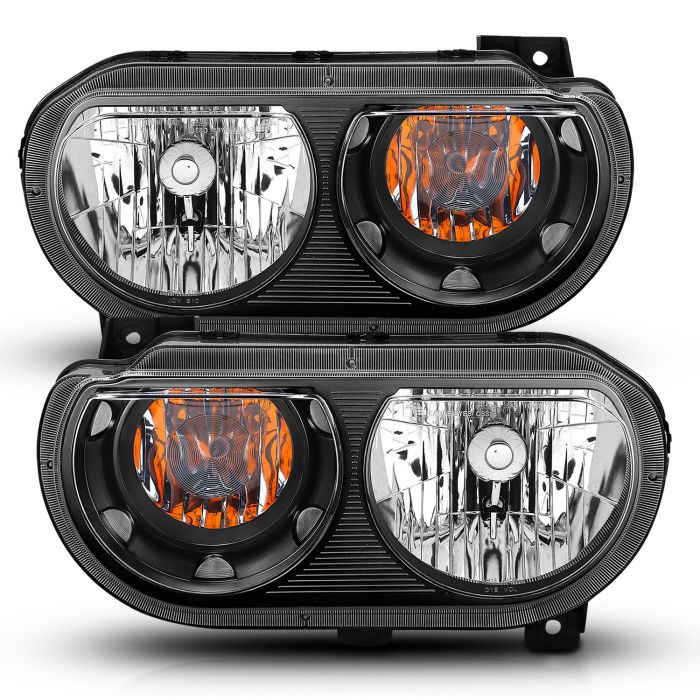 Anzo 121526 Crystal Headlights for Dodge Challenger (08-14) with black housing, clear lens, and halogen lighting for a bold and modern front-end upgrade.