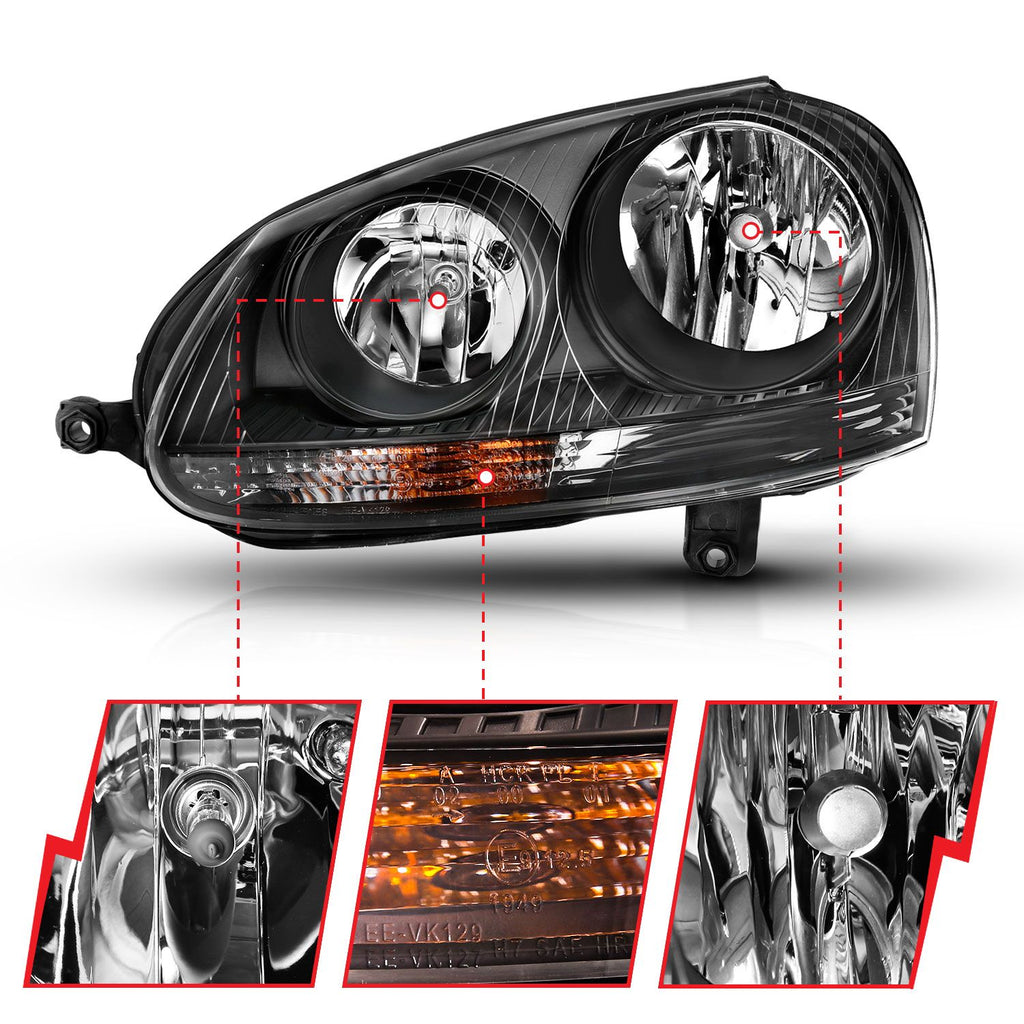 ANZO 121542 Crystal Headlights with Black Housing and Clear Lens for VW Jetta, GTI, and Rabbit (2005.5-2010).