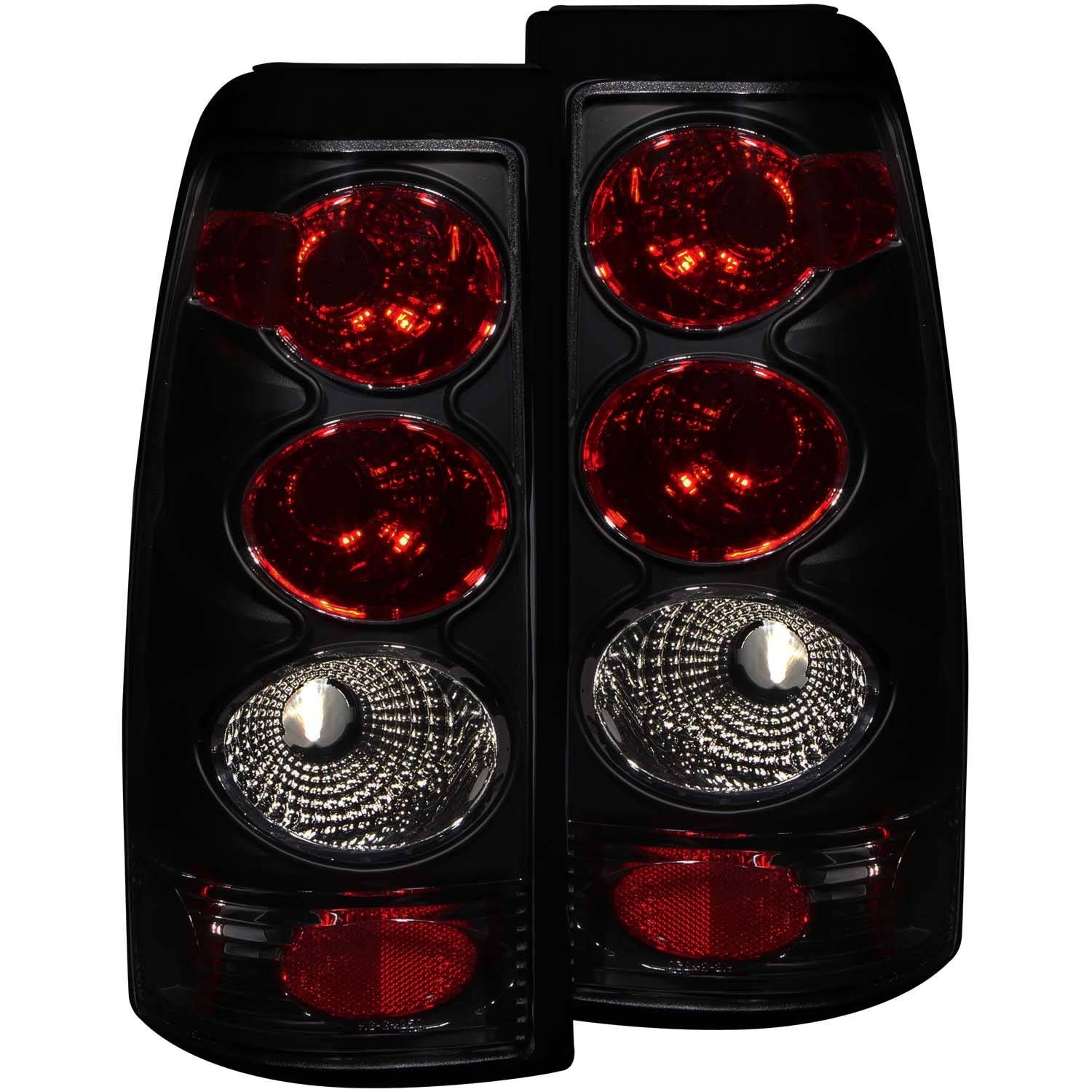 Anzo 211160 Tail Lights for Chevy Silverado (99-02) and GMC Sierra (99-06) with chrome housing, dark smoke lens, and bright incandescent illumination.