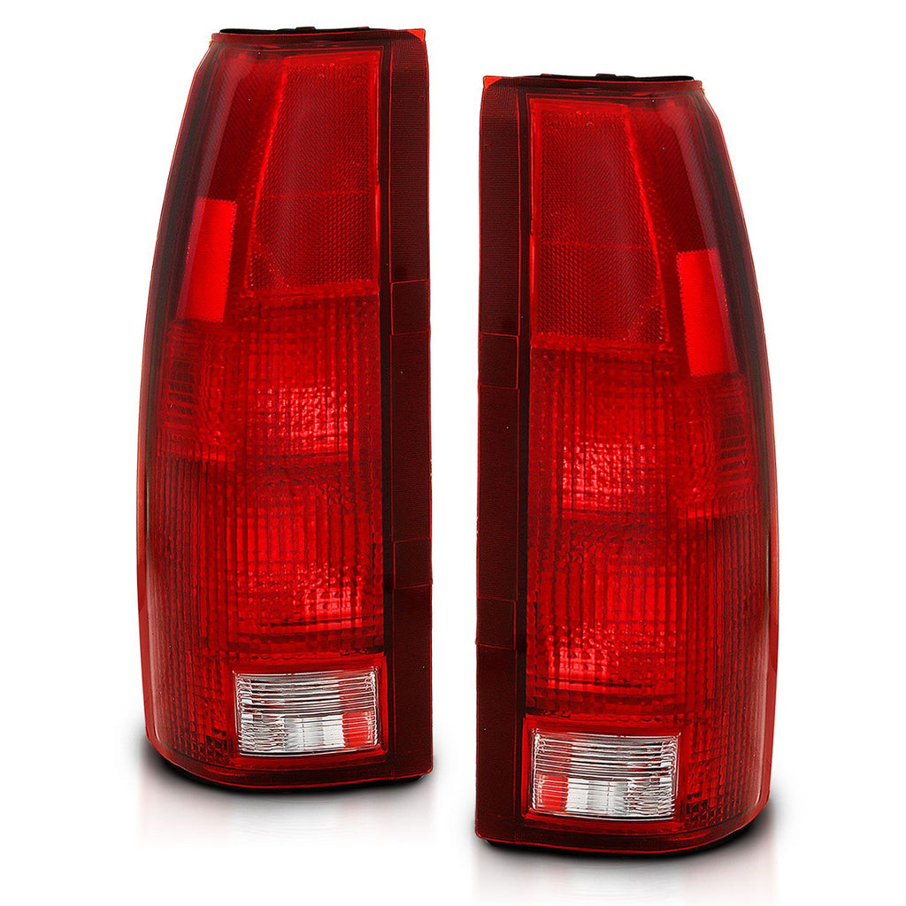 ANZO 311301 OE-Type Tail Lights with Chrome Housing and Red/Clear Lens for Chevy/GMC 1988-1999 and Cadillac Escalade 1999-2000.