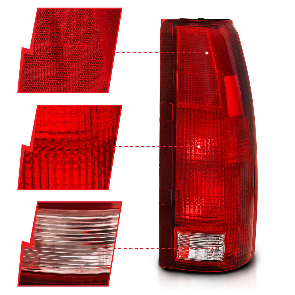 ANZO 311301 OE-Type Tail Lights with Chrome Housing and Red/Clear Lens for Chevy/GMC 1988-1999 and Cadillac Escalade 1999-2000.