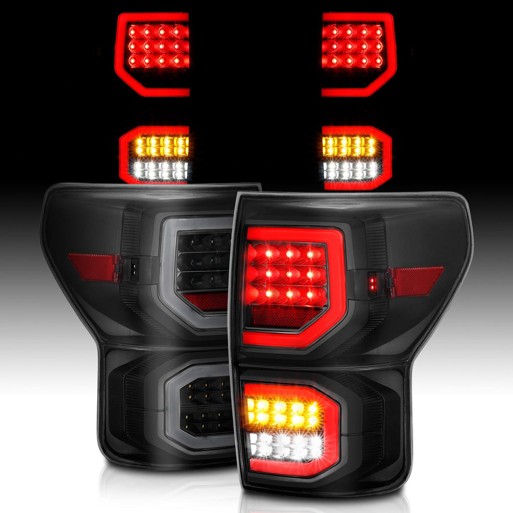 ANZO 311337 LED Tail Lights with Black Housing and Smoked Lens for Toyota Tundra 2007-2013, featuring plank-style design and advanced LED technology.