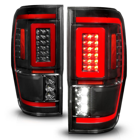 Anzo 311446 Full LED Tail Lights for Ford Ranger (19-23) with black housing, clear lens, and sequential signal for a modern and stylish rear-end upgrade.