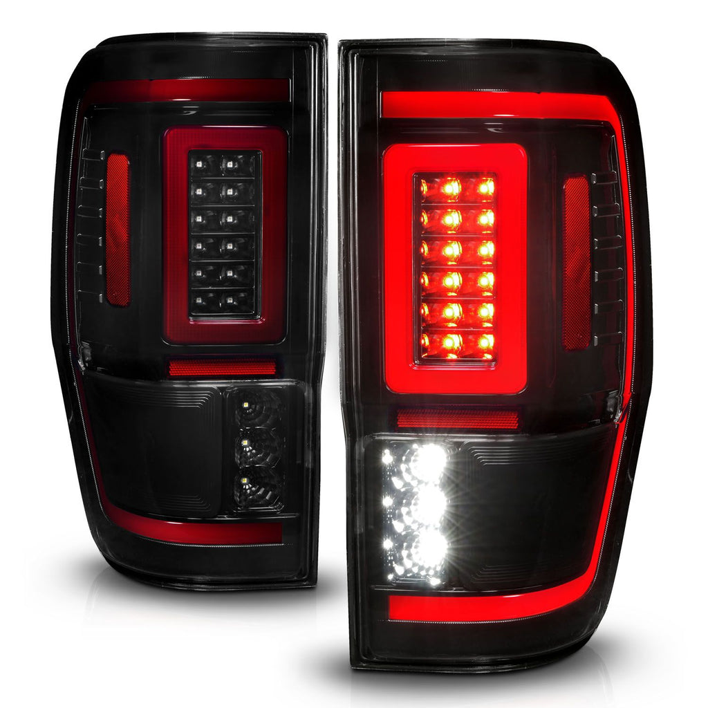 Anzo 311447 Full LED Tail Lights for Ford Ranger (19-23) with black housing, smoke lens, and sequential signaling for a sleek and modern rear-end upgrade.