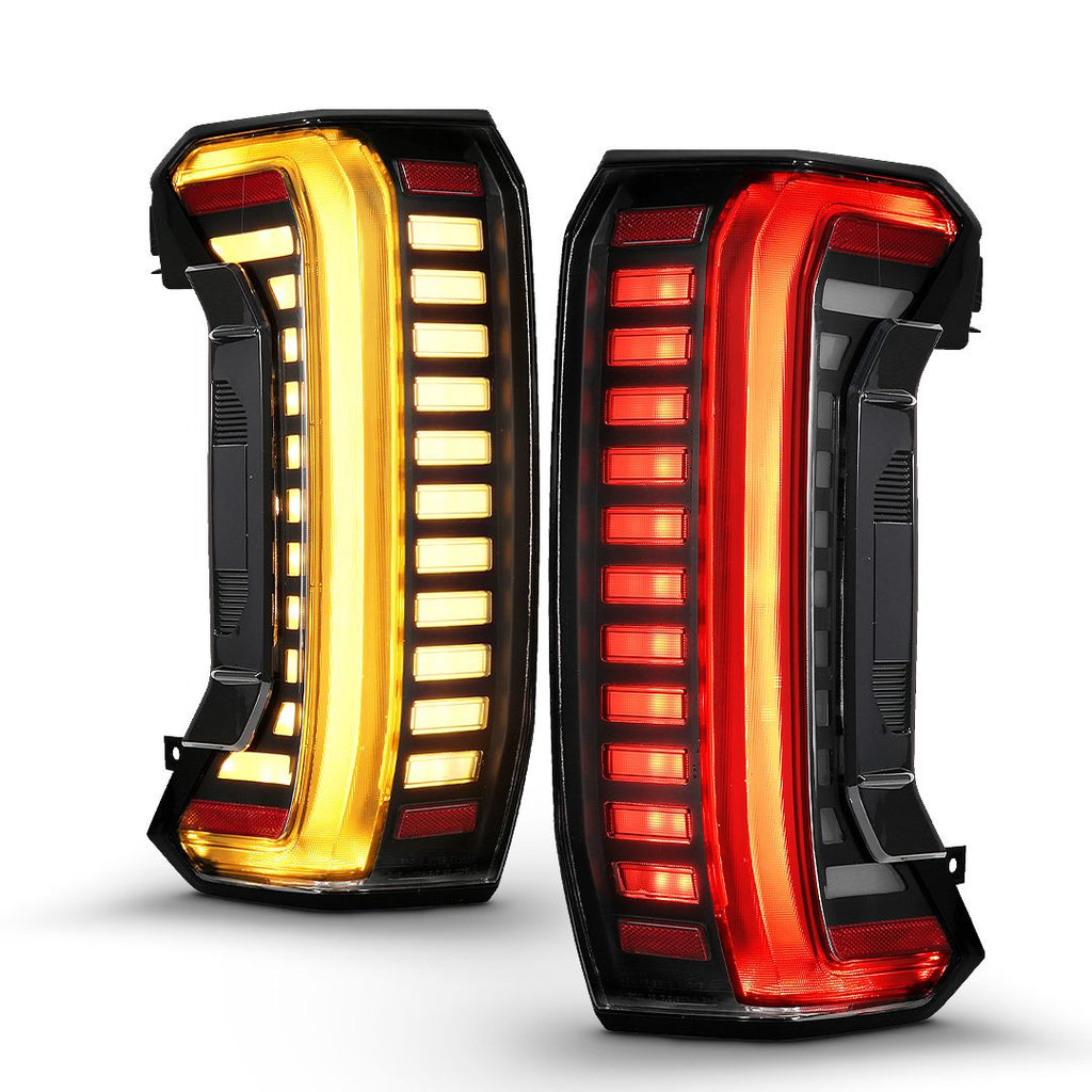 ANZO 311454X Full LED Tail Lights with Black Housing and Clear Lens for Toyota Tundra 2022-2024, featuring initiation and sequential lighting.