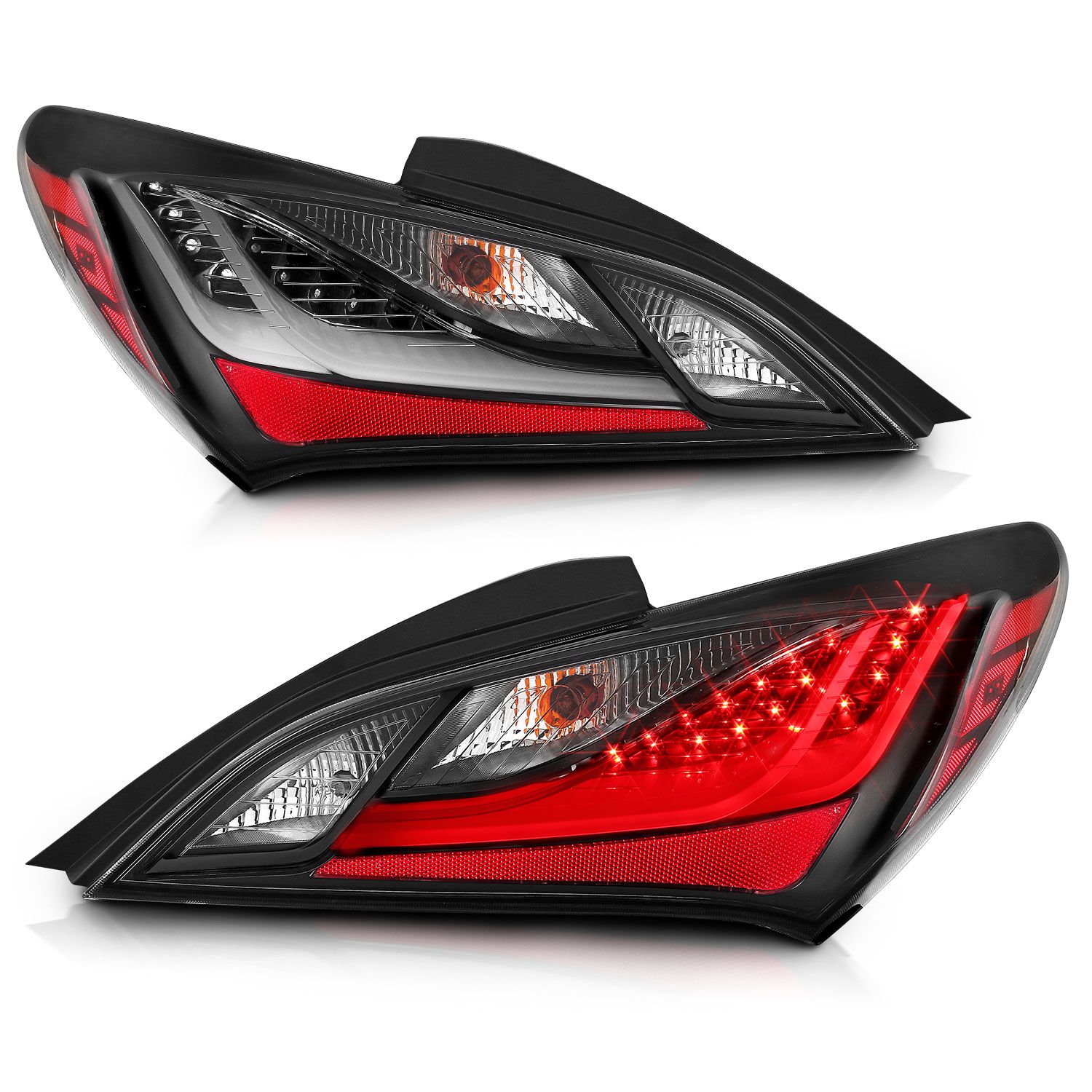 Anzo 321347 LED Tail Lights for Hyundai Genesis Coupe (10-16) with black housing, dark smoke lens, and bright LED illumination for a sleek, modern look.