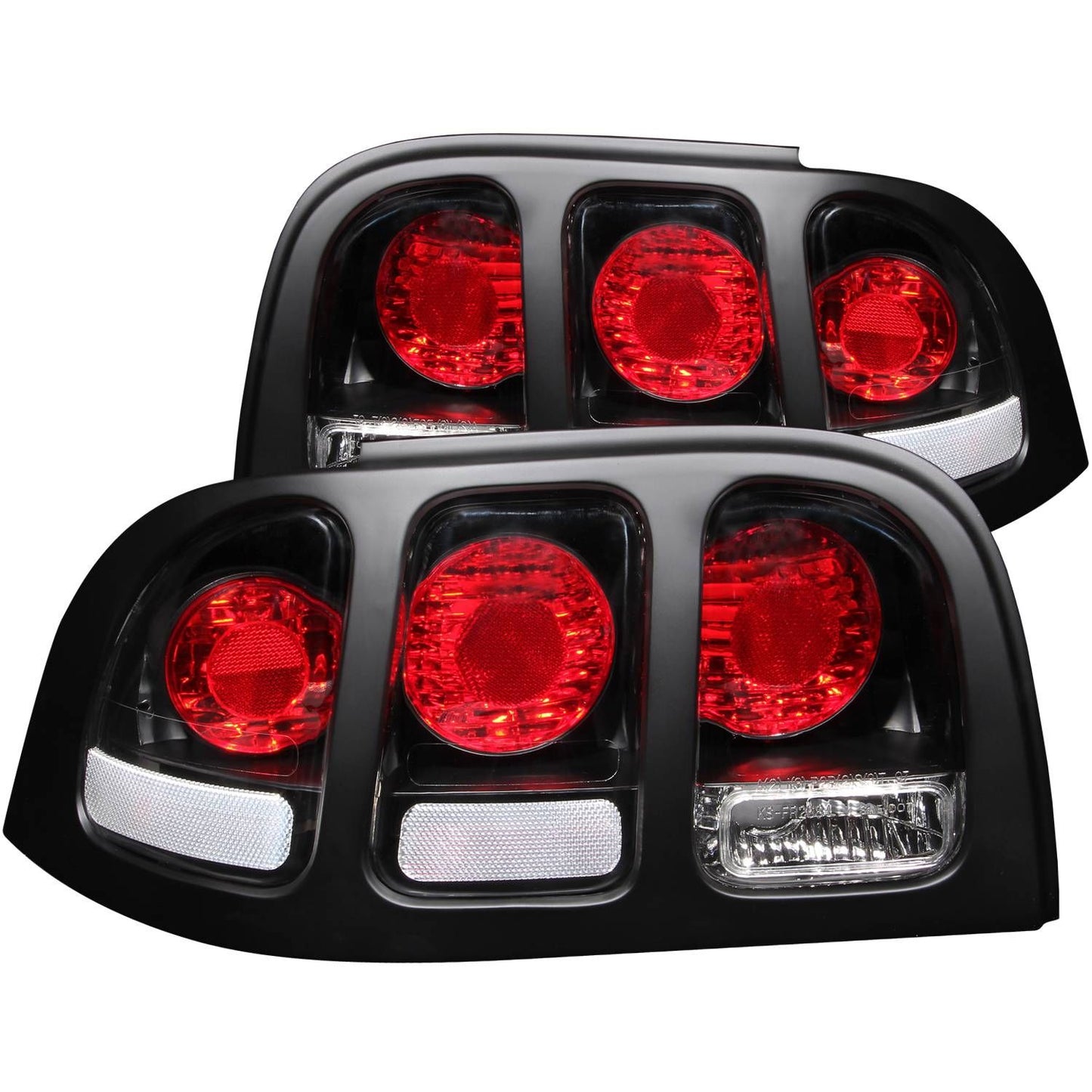 ANZO 221020 Tail Lights with Black Housing and Clear/Red Lens for Ford Mustang 1996-1998.