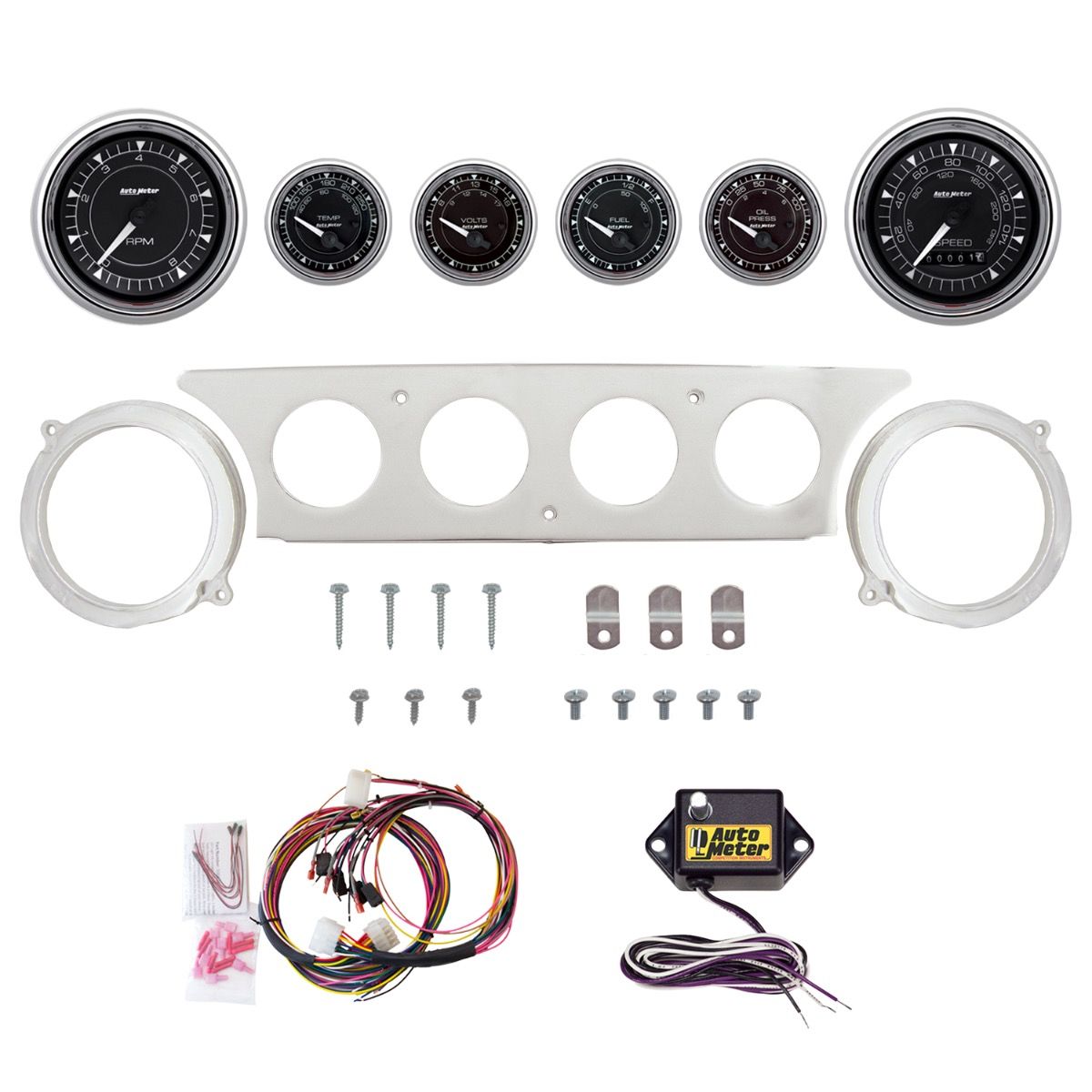 AutoMeter Chrono Chrome 63-64 Ford Galaxie Billet Panel/Gauge Kit - 3-3/8in. (x2) &amp; 2-1/16in. (x4) - 2970-15