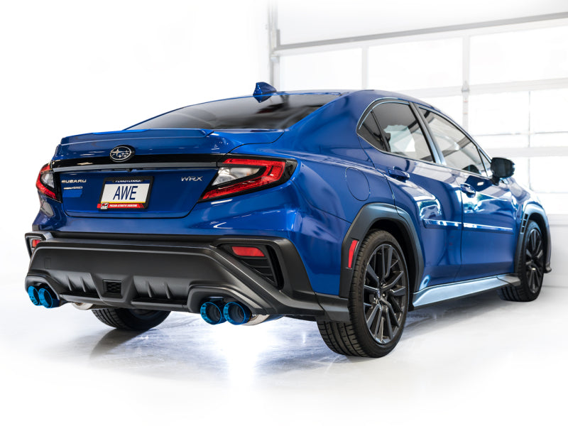 Installed photos of AWE Tuning 3020-49979 Track Edition catback exhaust for 2022-2026 Subaru WRX VB with 4-inch Blue tips