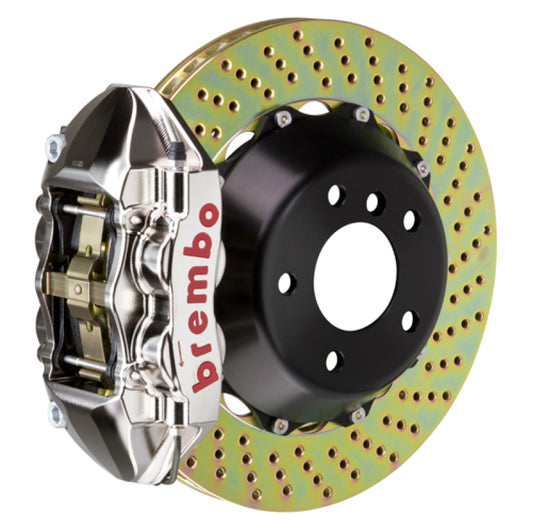 Brembo 15-23 Mustang GT/V6/EcoBoost Rear GTR BBK 4 Piston Billet 380x28 2pc Rotor Drilled- Nickel Brembo
