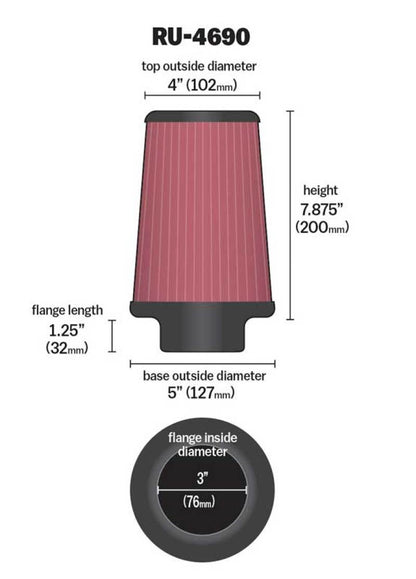 K&N Universal Round Tapered Filter 3 inch FLG / 5 inch Bottom / 4 inch Top / 7 7/8 inch Height K&N Engineering