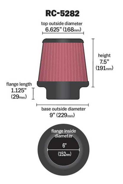 K&N Universal Round Tapered Filter 6in Flange ID x 9in Base OD x 6.625in Top OD x 7.5in Height