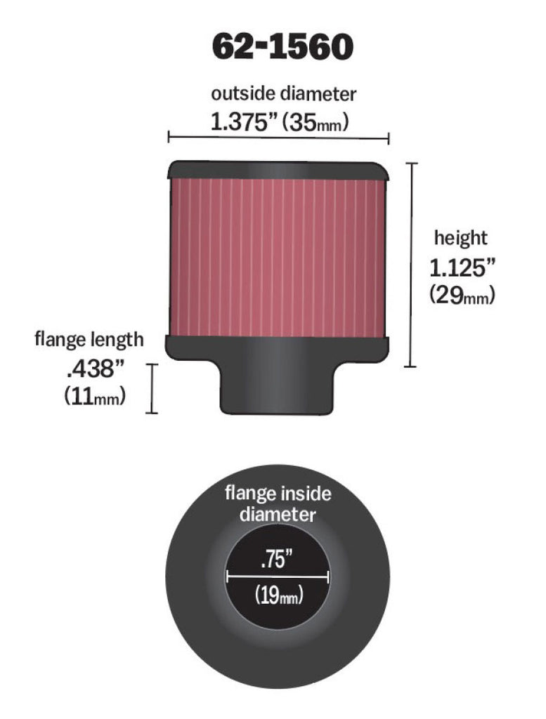 K&N 0.75 inch ID 1.375 inch OD 1.125 inch H Clamp On Crankcase Vent Filter