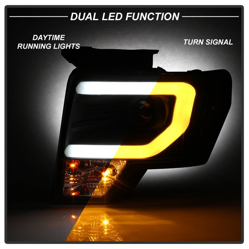 Spyder 09-14 Ford F-150 Projector Headlights - Halogen Model Light Bar - Blk PRO-YD-FF15009-SBLB-BK SPYDER