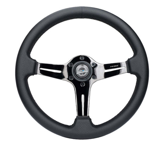 NRG Light Weight Gaming Steering Wheel - 350mm 3 Black Chrome Silver Spokes Perforated Leather - ST-018BC-PR