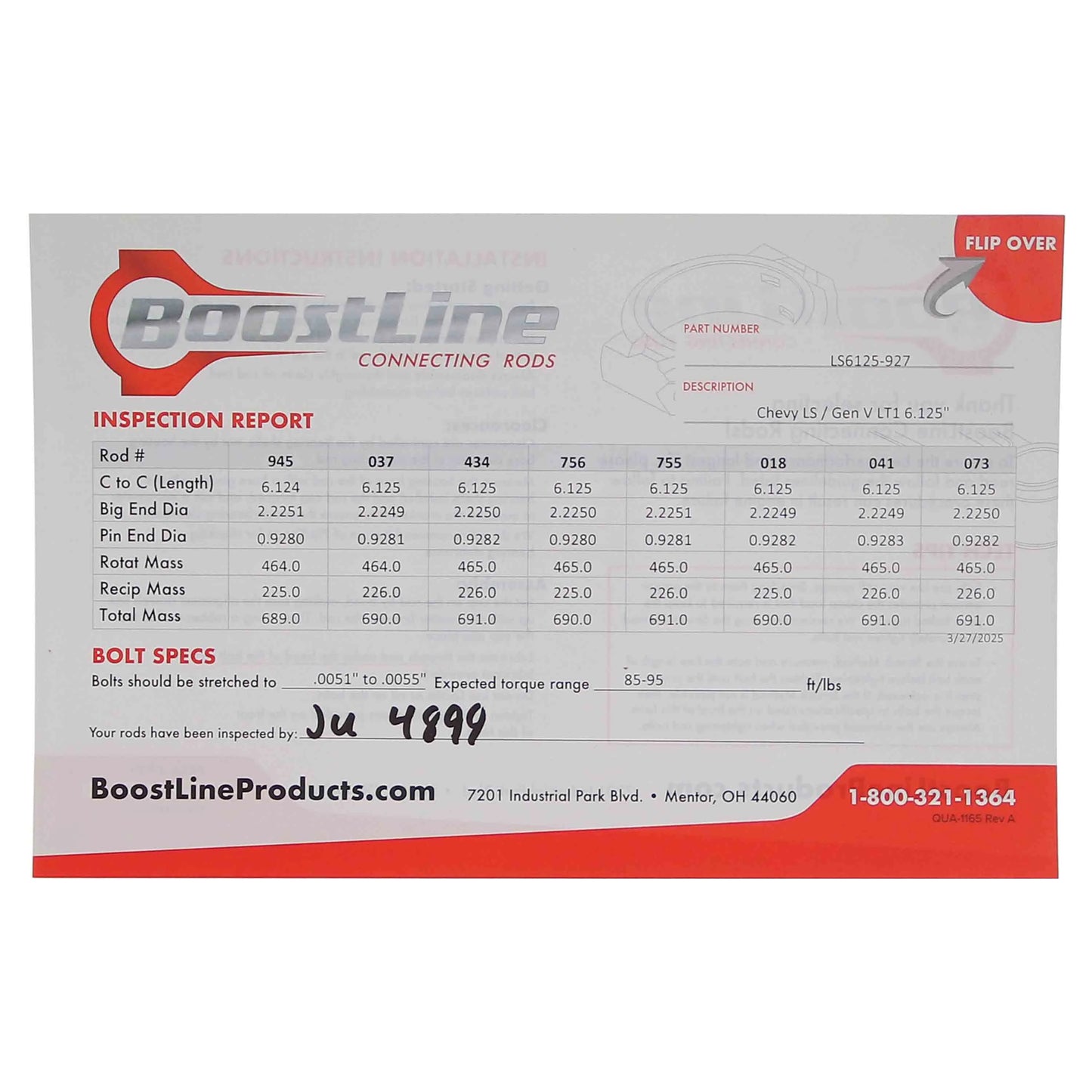 BoostLine Chevy LS LT connecting rod set with ARP 2000 bolts LS6125-927