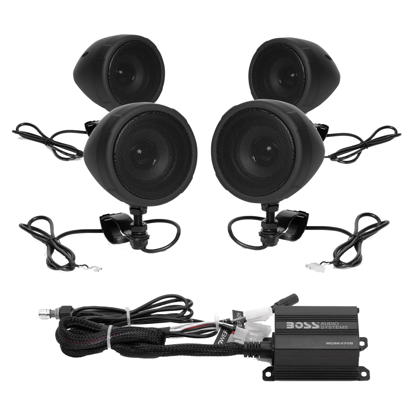 BOSS Audio Systems MCBK470B black Bluetooth motorcycle speaker system with two pairs of 3 inch speakers