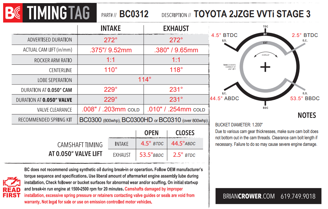 Brian Crower BC0312 Toyota Lexus 2JZ-GE VVTi Stage 3 272 camshafts