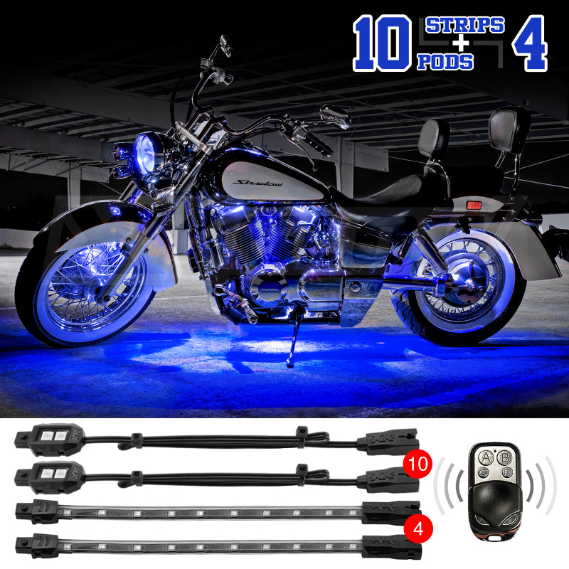 XK Glow Strips Single Color XKGLOW LED Accent Light Motorcycle Kit Blue - 10xPod + 4x8In