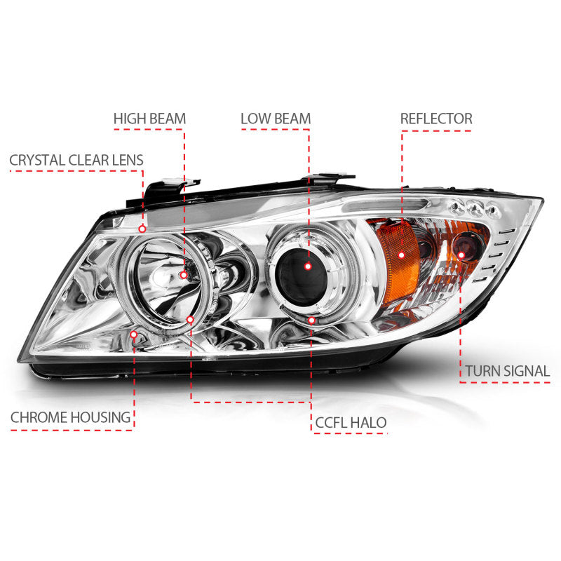 ANZO 2006-2008 BMW 3 Series E90-E91 Projector Headlights w/ Halo w/ LED Bar Chrome (CCFL)