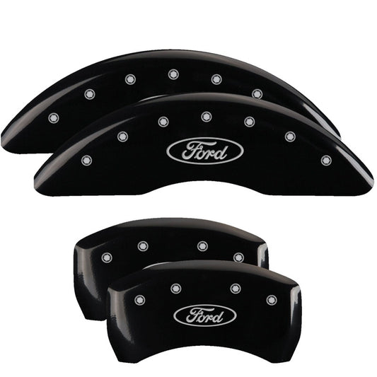 MGP 4 Caliper Covers Engraved Front & Rear 24-25 Ford Mustang EcoBoost - Black w/ Oval Logo