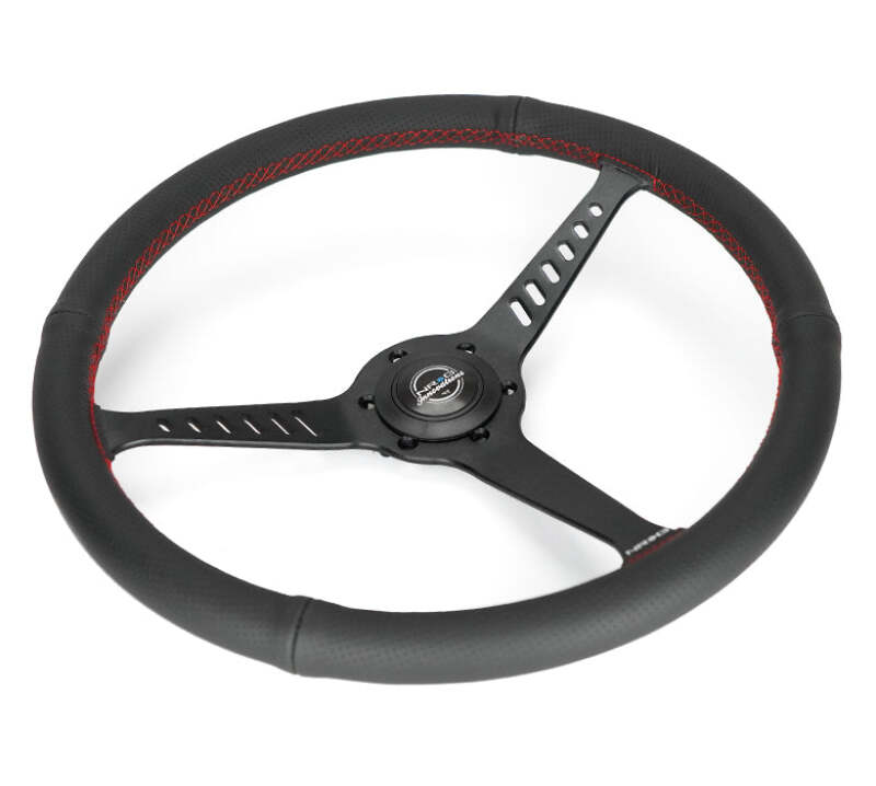 NRG Reinforced Stealth Wheel (380mm) 3 Spoke Center - 1in Deep Dish - Perforated Leather Red Stitch - RST-380-STL-R