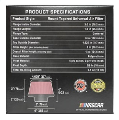 K&N Universal Round Clamp-On Air Filter 3in Flange ID x 6in Base OD x 4.625in Top OD x 3in Height