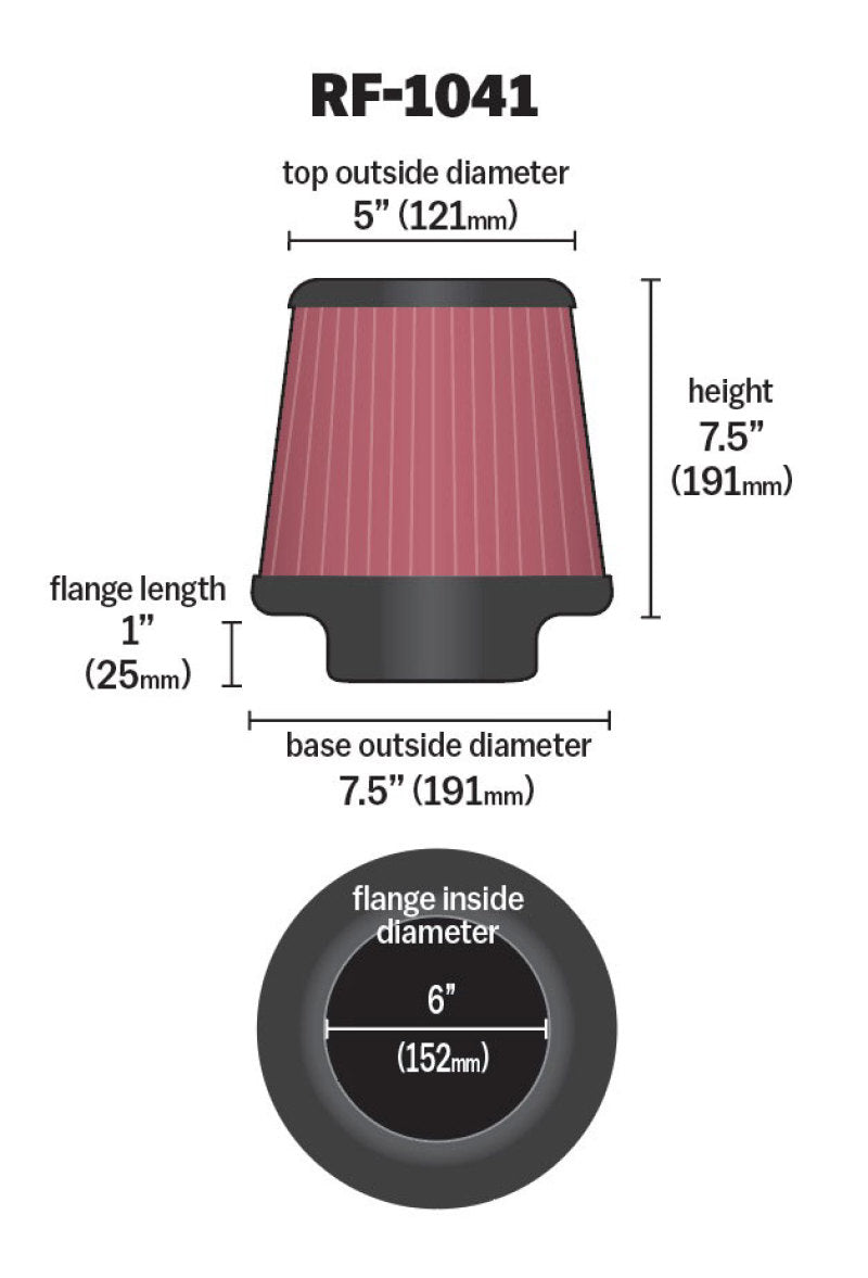 K&N Round Tapered Universal Air Filter 6 inch Flange 7 1/2 inch Base 5 inch Top 7 1/2 inch Height K&N Engineering