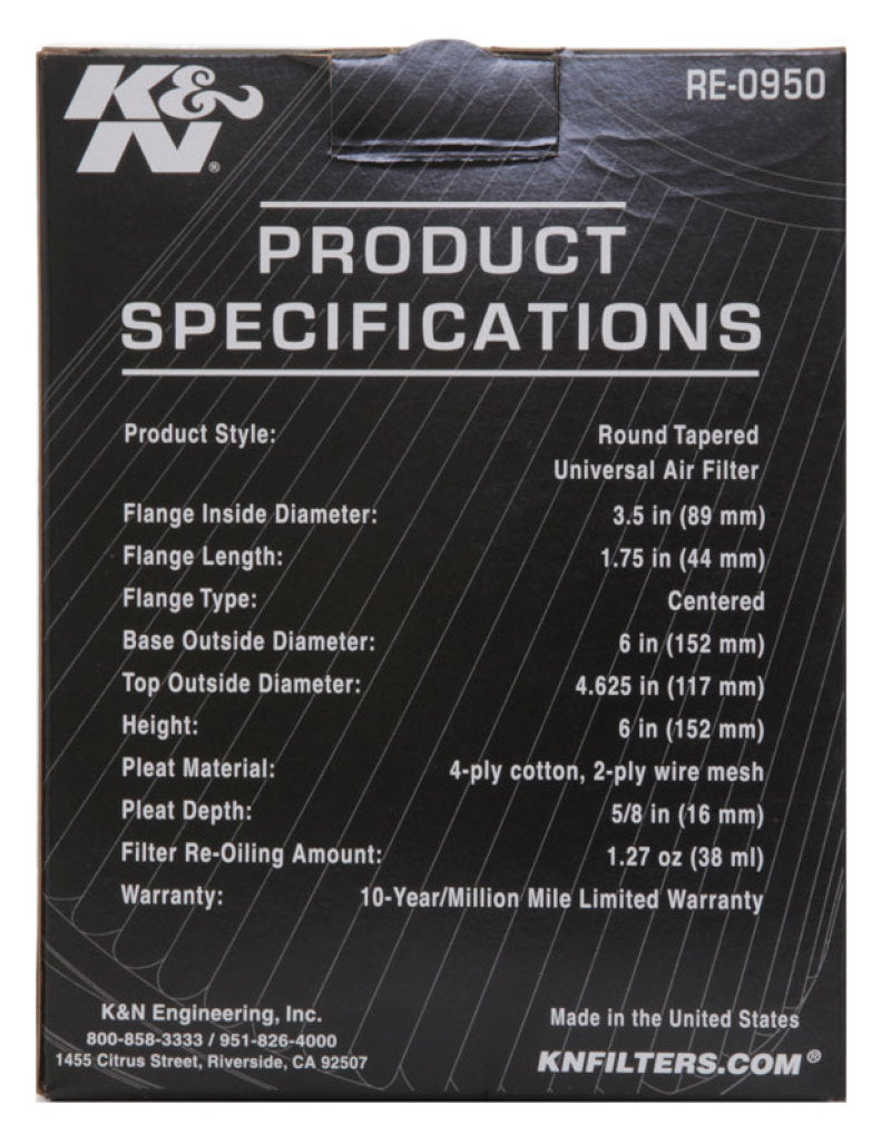 K&N Universal Rubber Filter 3 1/2inch ID FLG / 6inch Base / 4-5/8inch Top / 6inch Height K&N Engineering