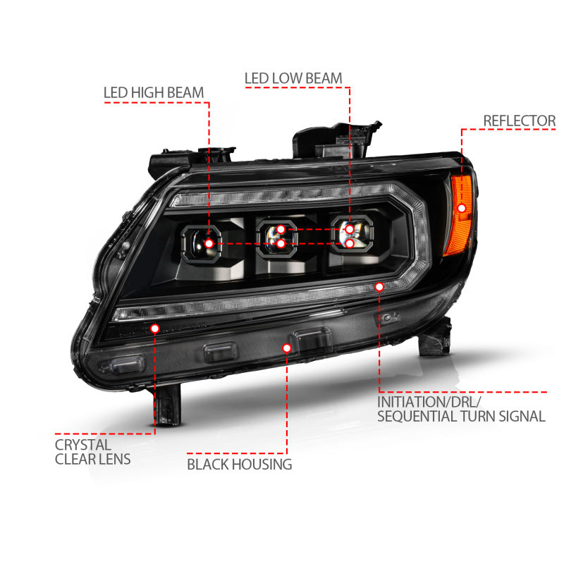 ANZO 15-22 Chevy Colorado Blk Housing Full LED DRL Projector Headlight w/ Sequential Light Bar