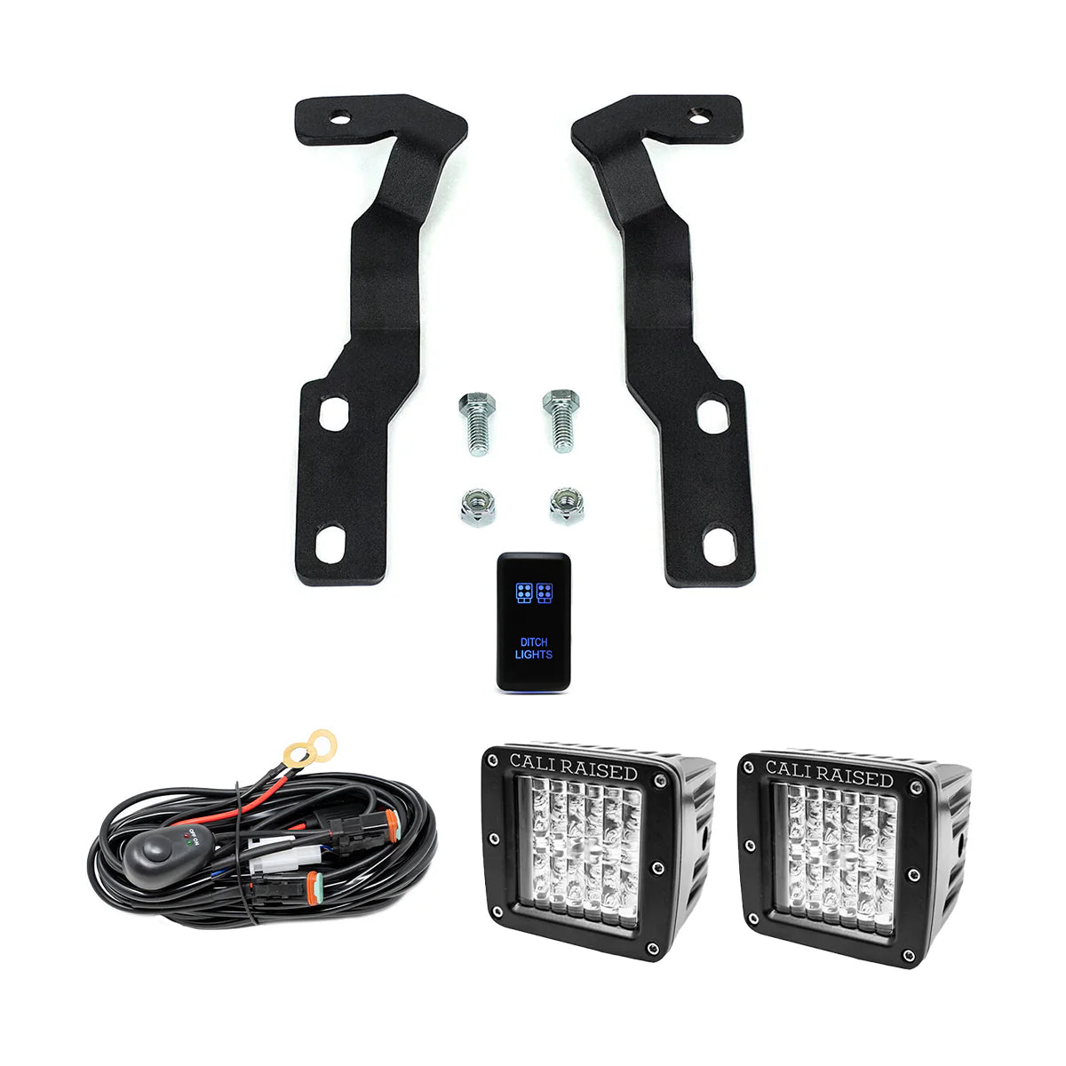 Cali Raised LED CR2858 low profile ditch light brackets with blue backlight tall switch for Toyota Tacoma