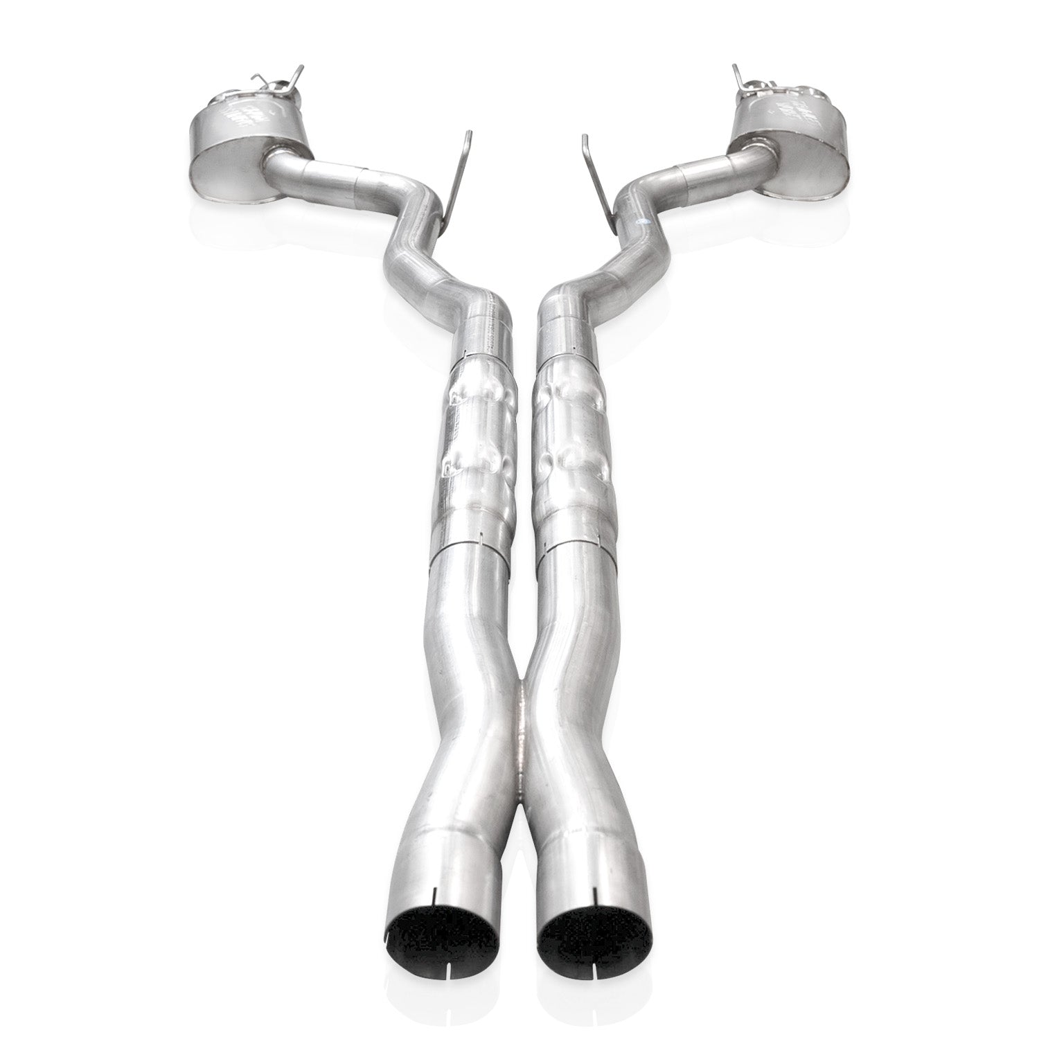 Rear view of Stainless Works 2024 Mustang GT Legend Cat-Back Exhaust with Quad Tips installed on a Mustang GT.