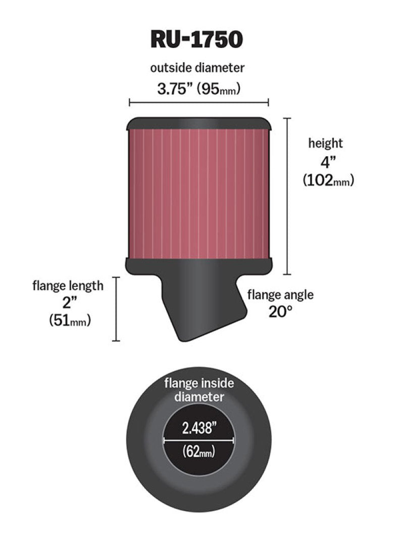 K&N Filter Universal Rubber Round Straight Filter 20 Deg Angled 2-7/16in Flange 3-3/4in OD 4in H K&N Engineering