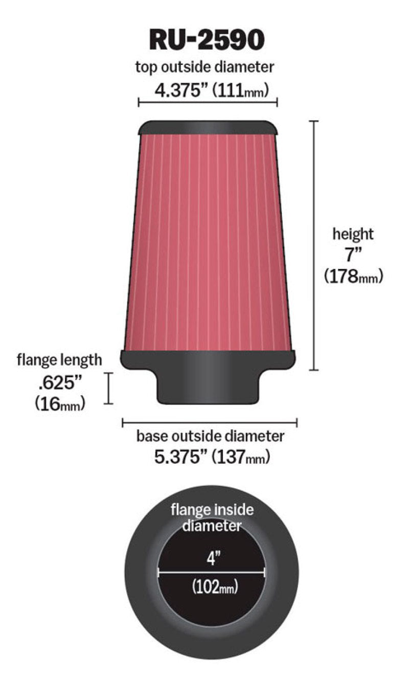 K&N Filter Universal Rubber Filter 4 inch Flange 5 3/8 inch Base 4 3/8 inch Top 7 inch Height K&N Engineering