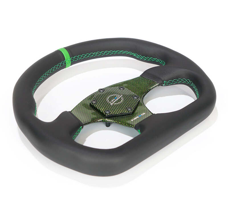 NRG Carbon Fiber Flat Bottom Steering Wheel (320mm) Green CF Center w/Green Stitch/Center Mark - RST-024CF/GN