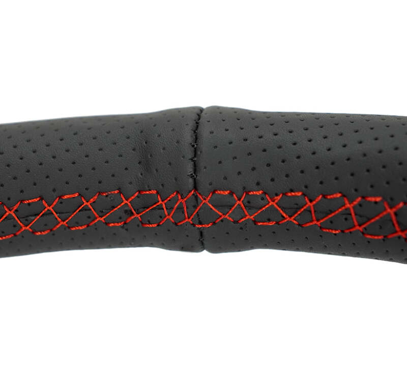 NRG Reinforced Stealth Wheel (380mm) 3 Spoke Center - 1in Deep Dish - Perforated Leather Red Stitch - RST-380-STL-R
