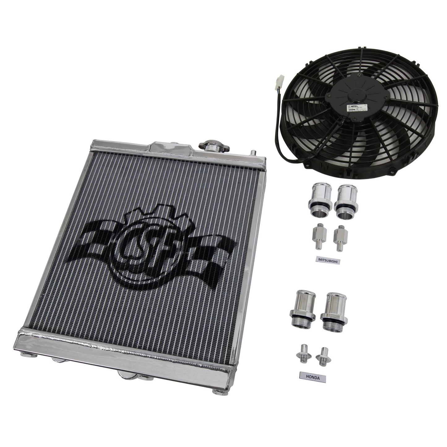CSF 2858X polished aluminum half radiator with 12-inch SPAL fan and shroud for Honda Civic and Mitsubishi Evo