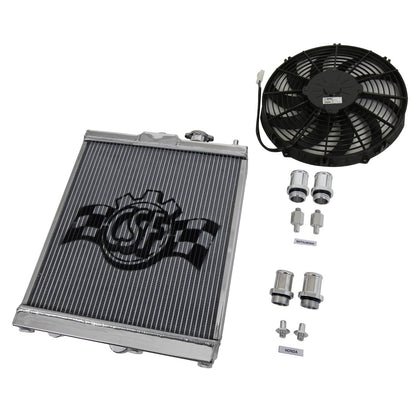 CSF 2858X polished aluminum half radiator with 12-inch SPAL fan and shroud for Honda Civic and Mitsubishi Evo