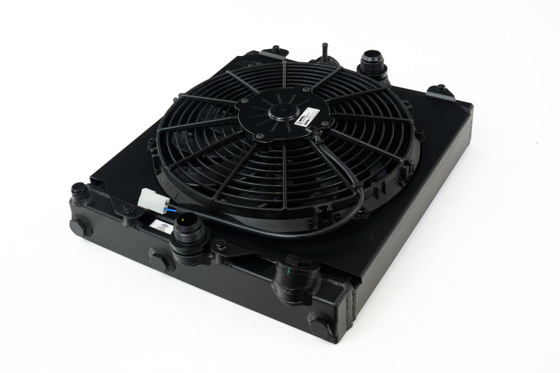 CSF 2858XB black all-aluminum half radiator with 12-inch SPAL fan for Honda Civic and Mitsubishi Evo