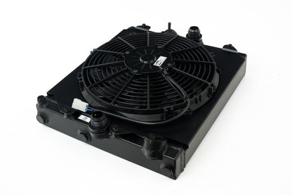CSF 2858XB black all-aluminum half radiator with 12-inch SPAL fan for Honda Civic and Mitsubishi Evo
