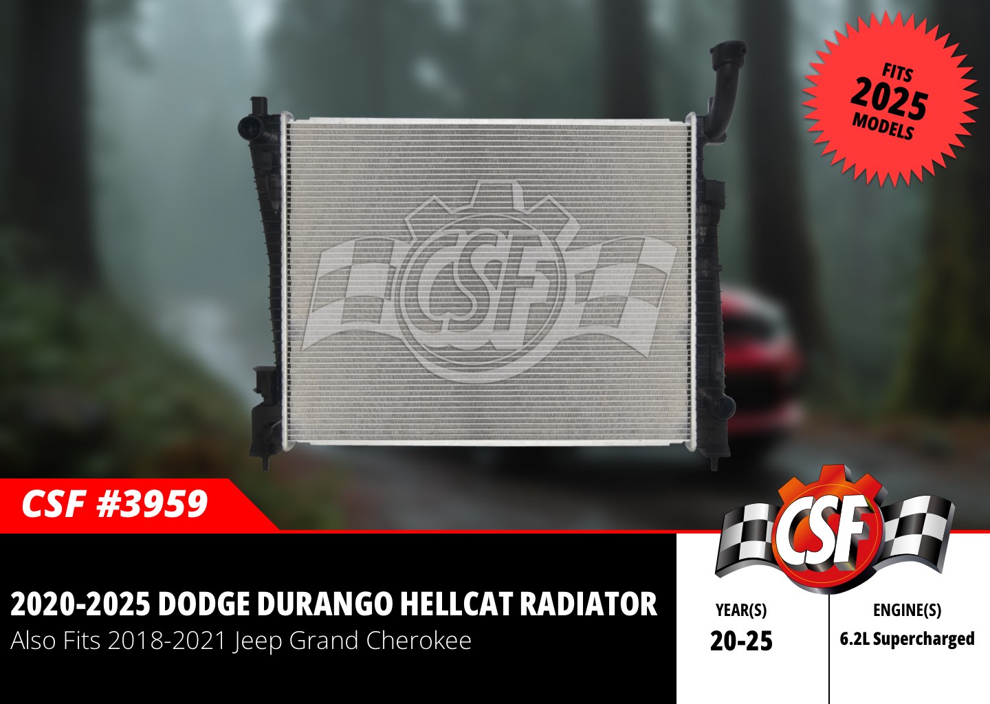 CSF 3959 High-Performance Radiator – Plastic Tank & Aluminum Core – Fits Dodge Durango SRT Hellcat & Jeep Grand Cherokee Trackhawk (6.2L Supercharged V8)