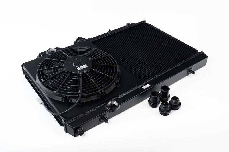 CSF 7075B black slim all-aluminum radiator with 12-inch SPAL fan for Mitsubishi Lancer Evolution
