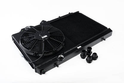 CSF 7075B black slim all-aluminum radiator with 12-inch SPAL fan for Mitsubishi Lancer Evolution